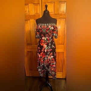 Lulus black with colorful flowers off the shoulder high low dress